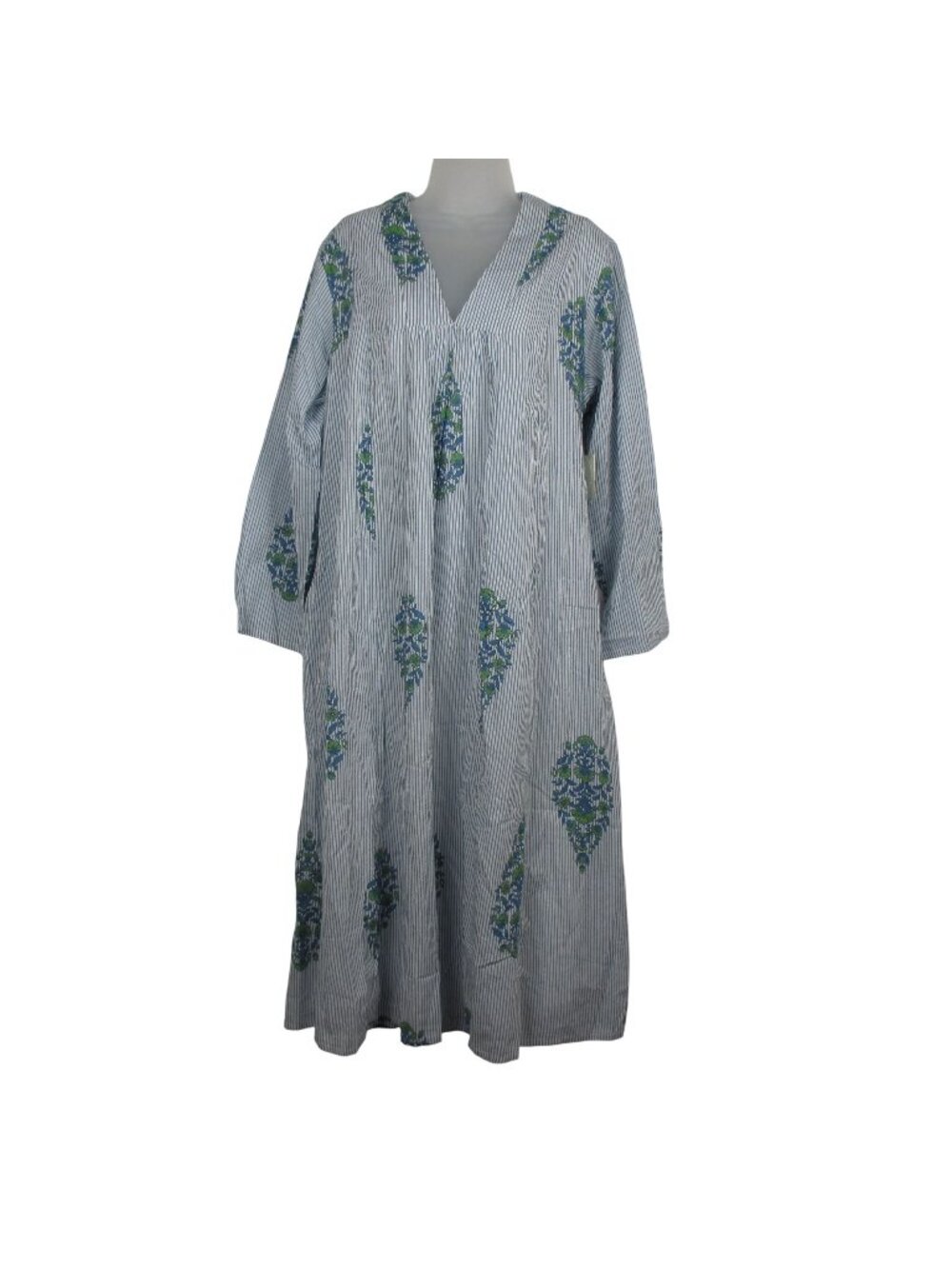 Lea Blue White Striped Floral Cotton Midi Dress Size L Boho Cottagecore NEW $189